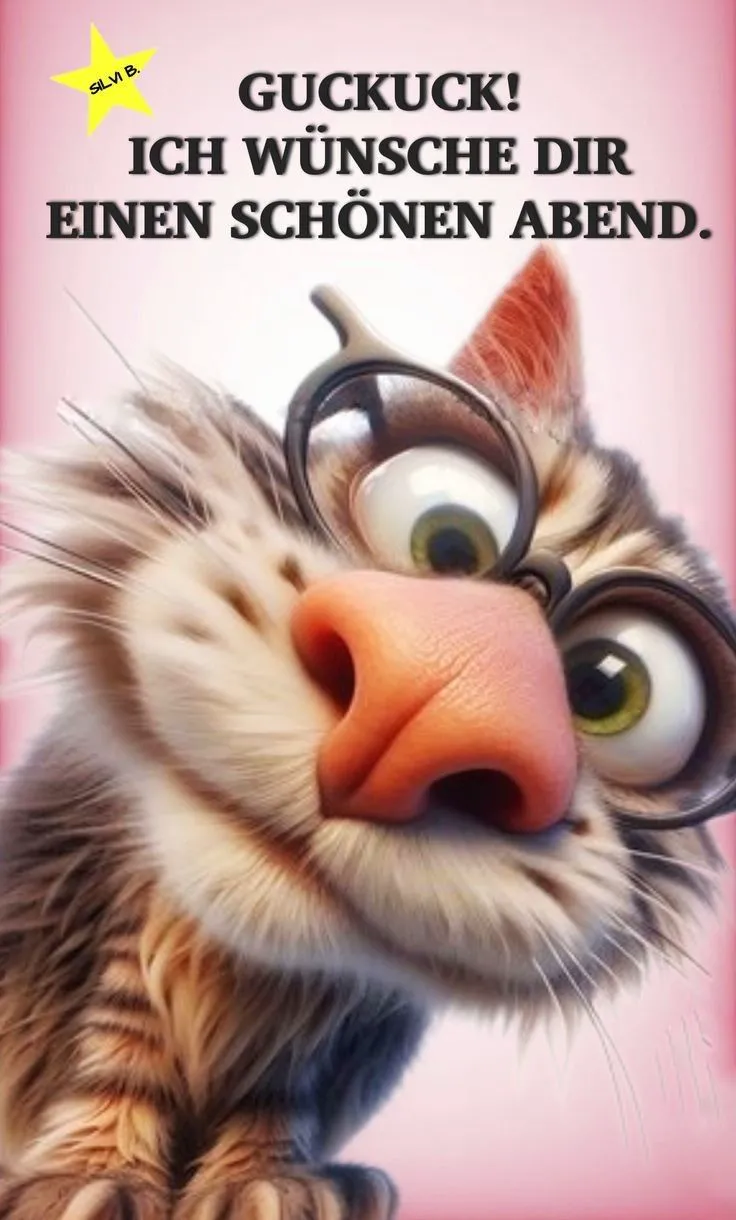 Ein Cartoon-Katze mit Brille und einem freundlichen Gesichtsausdruck vor einem rosa Hintergrund.